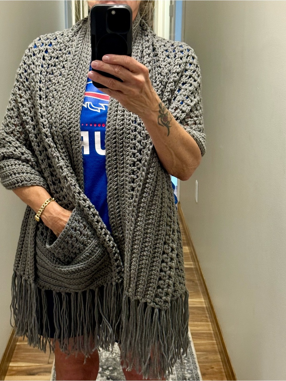 Cozy Gray Crochet Fringe pocket shawl